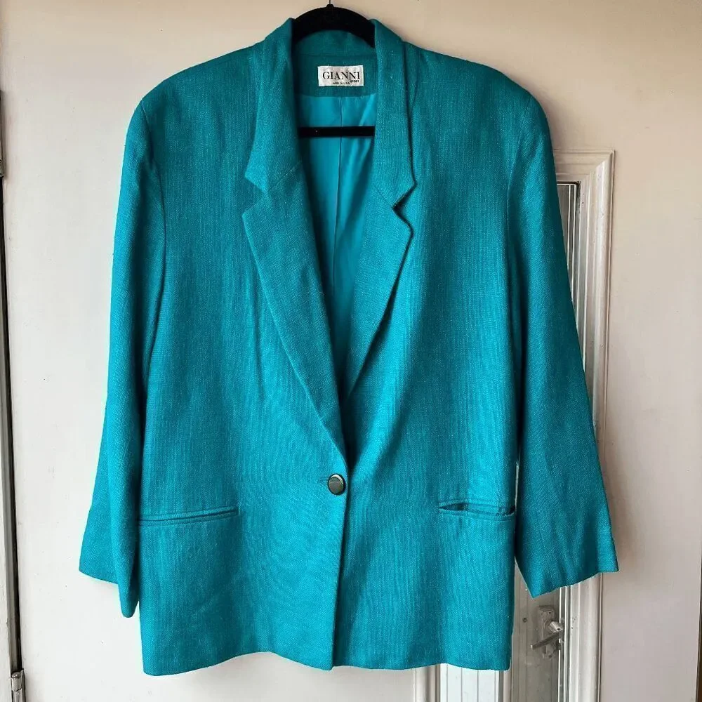 Vintage Gianni Sport Bright Teal Textured Blazer Jacket USA Made Size 14